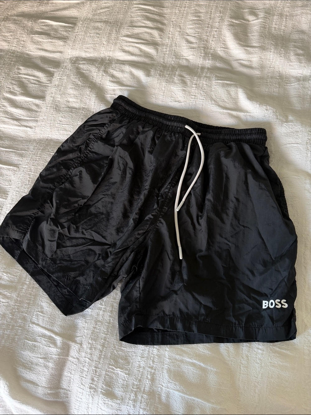 BOSS Black Athletic Shorts with White Drawstring